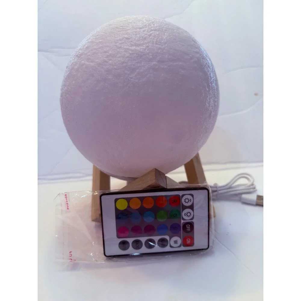 3D Moon Lamp Night Light with Remote Control Wooden Stand USB Powered RGB Color